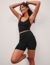 black high-waisted 5" inseam biker shorts.